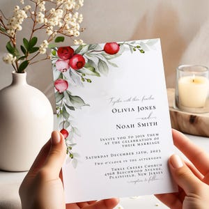 Modelo de convite para casamento no inverno, convite em aquarela com romã vermelha, cartão elegante para casamento na igreja, editável para impressão, download CH25