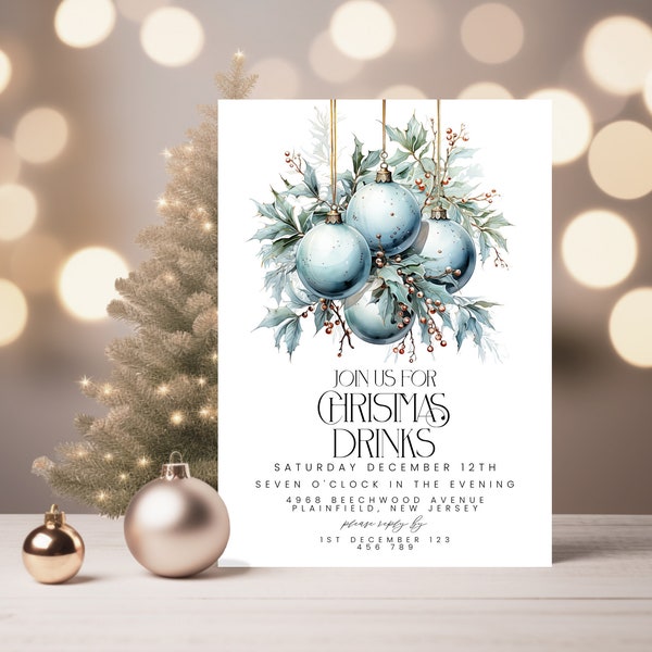 Christmas Party  Invitation Blue and Silver Editable Festive Holidays Party Invite Template Printable Christmas Drinks Invite