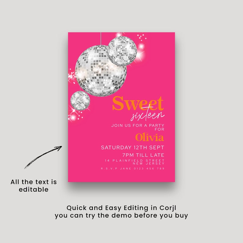 Sweet 16 Birthday Invite Disco Ball Pink Orange Sweet Sixteen Party Invitations Retro Modern Editable Printable Invite Instant Download