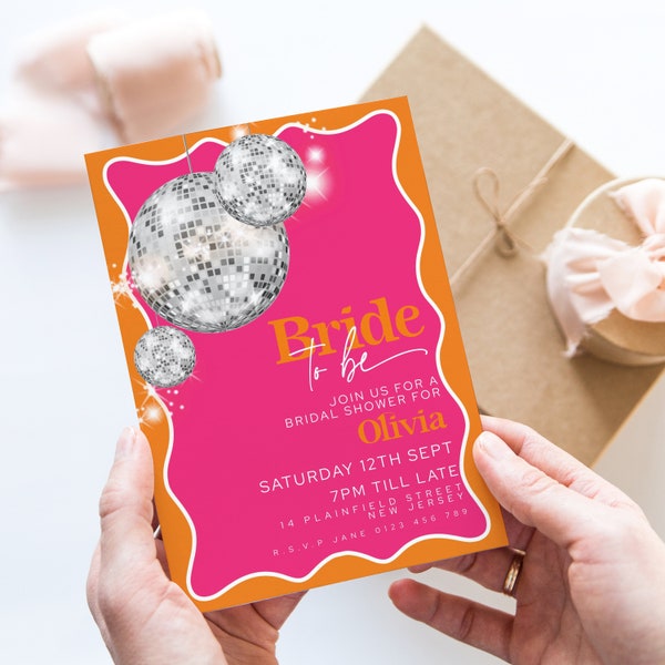 Pink Orange Disco Ball  Bridal Shower Invitations Retro Glitter Ball Editable Invite Printable Shower Invite