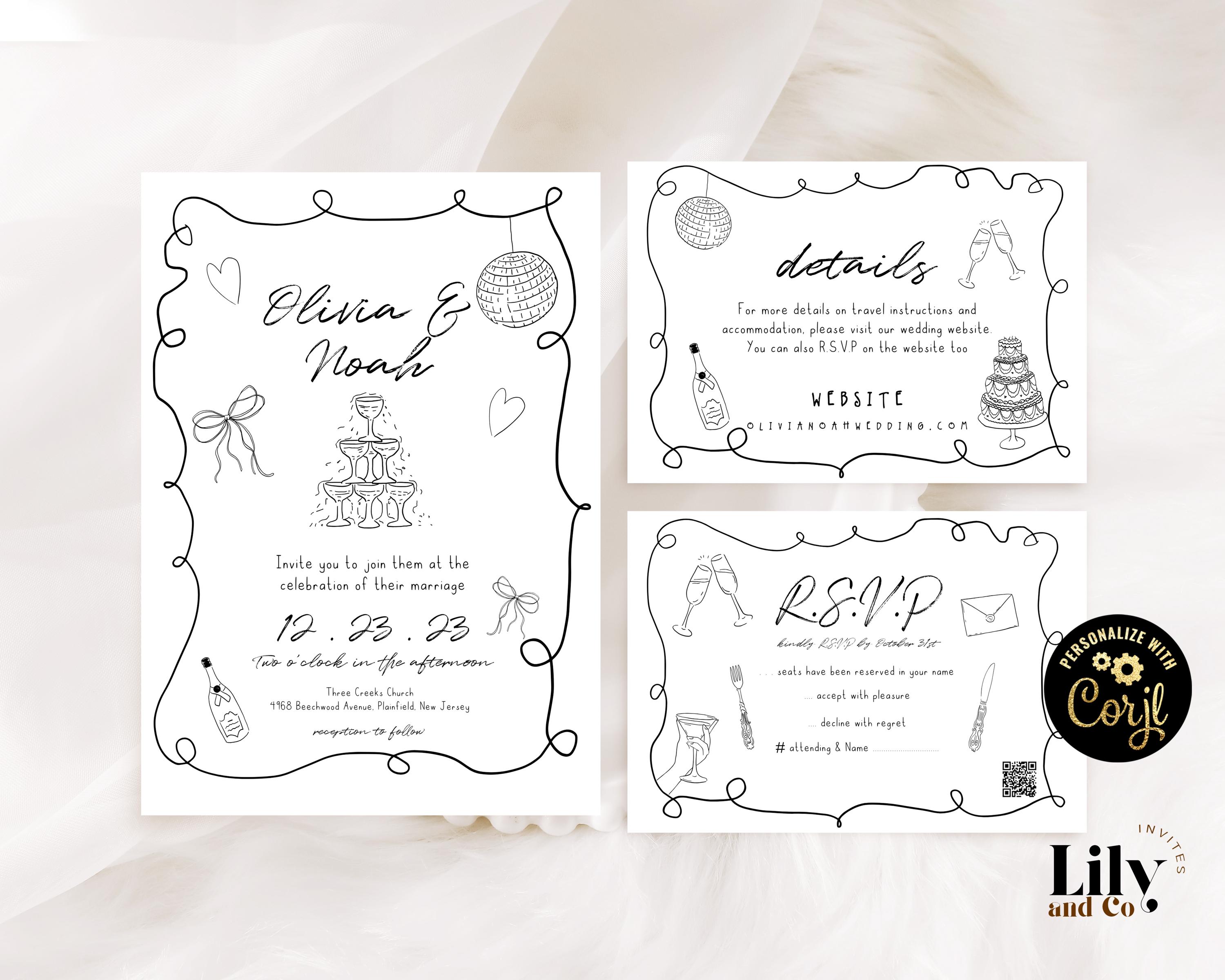 Hand Drawn Wedding Invitation Template Set Doodle Printable Invite Suit ...