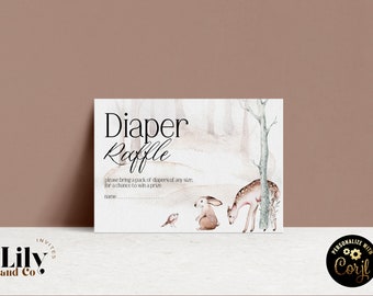 Baby Shower Diaper Raffle Card Forest Baby Shower Gender Neutral  Editable Forest Animals Bear Deer Rabbit Baby Shower Invitation FT04