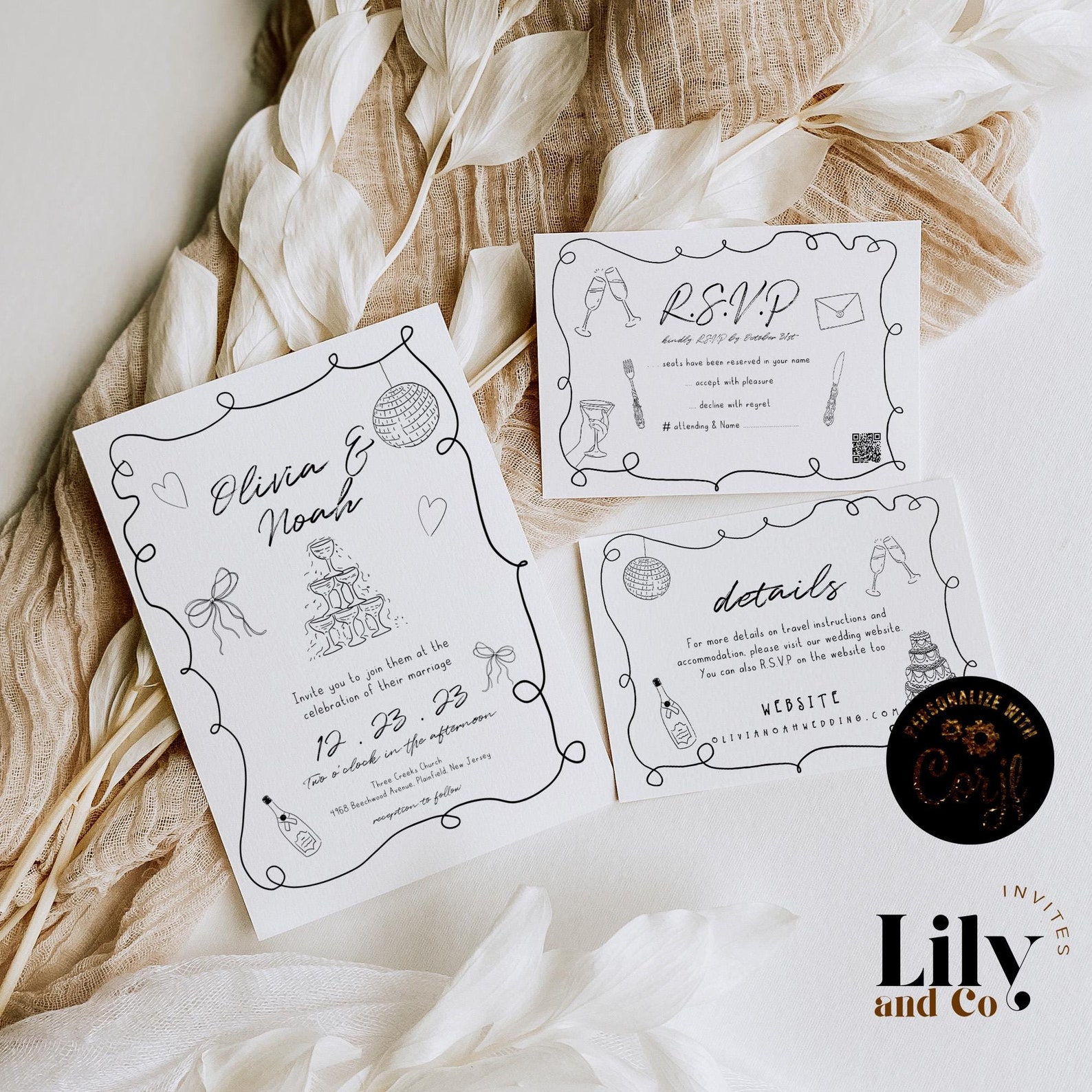 Hand Drawn Wedding Invitation Template Set Doodle Printable Invite Suit ...