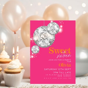 Sweet 16 Birthday Invite Disco Ball Pink Orange Sweet Sixteen Party Invitations Retro Modern Editable Printable Invite Instant Download