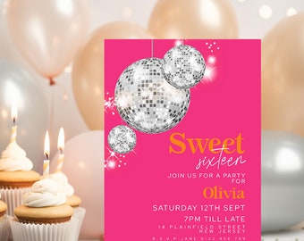 Sweet 16 Birthday Invite Disco Ball Pink Orange Sweet Sixteen Party Invitations Retro Modern Editable Printable Invite Instant Download