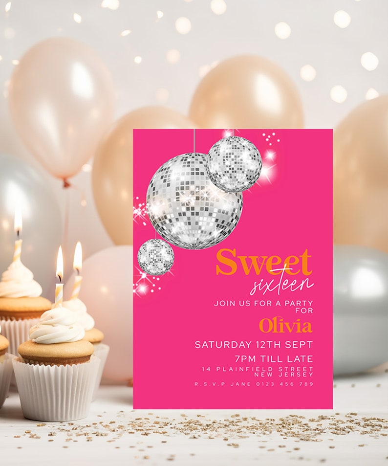 Sweet 16 Birthday Invite Disco Ball Pink Orange Sweet Sixteen Party Invitations Retro Modern Editable Printable Invite Instant Download