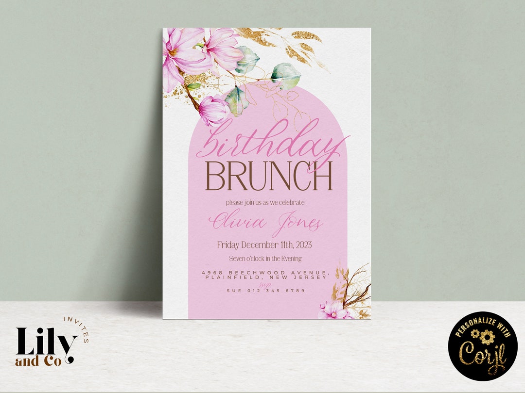 Editable Birthday Brunch Invitation Magnolia Flowers Any Age Modern ...