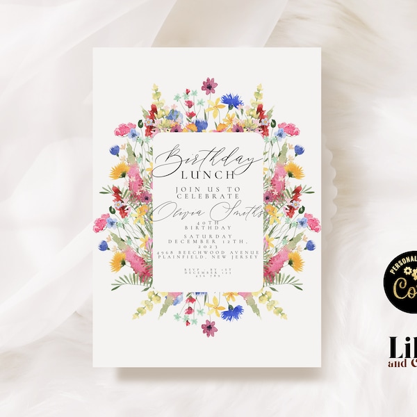 Editable Wild Flower Birthday Lunch Invitation  Wildflowers Invite Template Printable Instant Download Corjl WF11