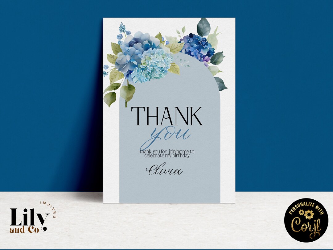 Editable Thank You Card Blue Hydrangeas Party Thanks Modern Floral ...
