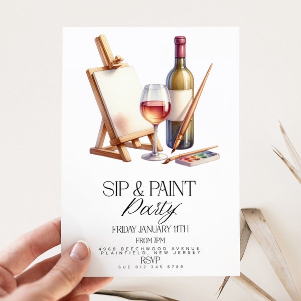 Invito Sip and Paint Modello modificabile Paint and Pour Invito alla festa di compleanno di arte creativa per adulti Download immediato stampabile