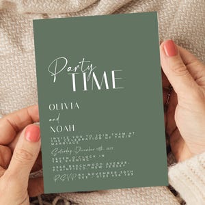 Convite minimalista para festa de casamento, convite elegante para recepção em verde-sálvia, cartão de festa moderno editável, convite de noivado para impressão H25