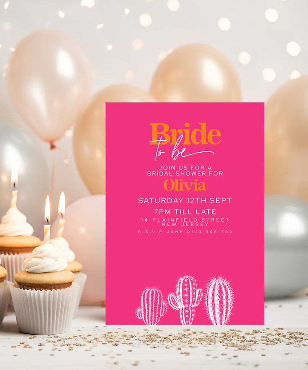 Editable Bridal Shower Party Invitation, Cactus Retro Simple Invite ...