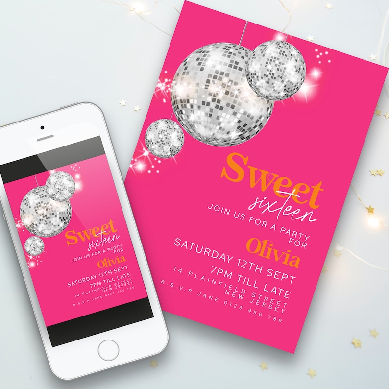 Sweet 16 Birthday Invite Disco Ball Pink Orange Sweet Sixteen Party Invitations Retro Modern Editable Printable Invite Instant Download