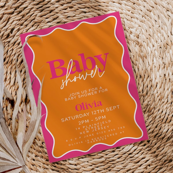 Pink Orange Retro Baby Shower Invitations Editable Retro Invite Template Printable Baby Shower Invite