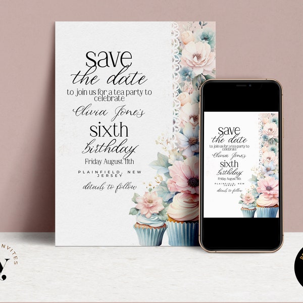 Save the Date EDITABLE Tea Party Birthday Invitation  Par-tea Invite Template Whimsical Tea Party High Tea Floral Instant Download