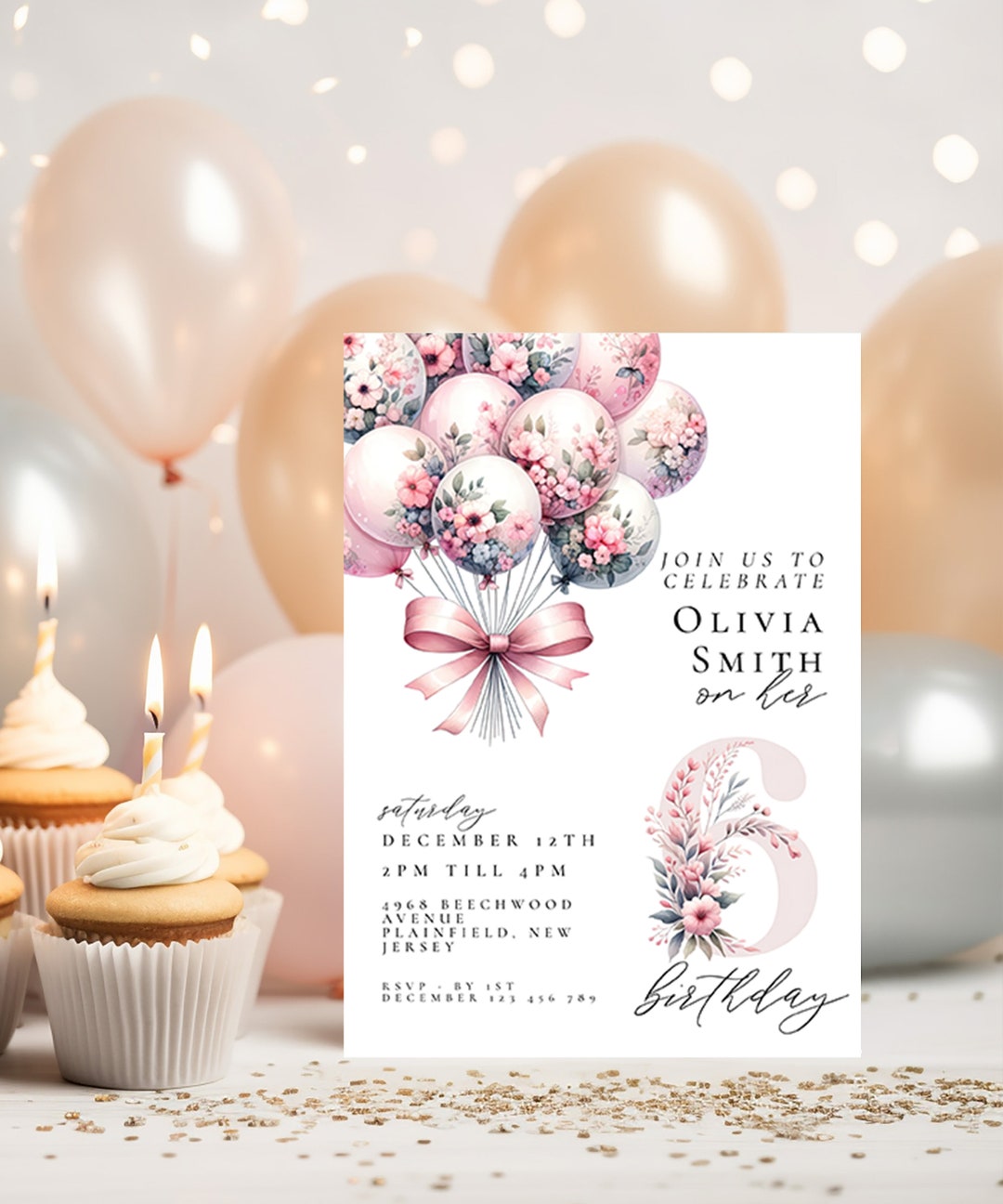Editable Whimsical 6th Birthday Invitation Pink Balloons Printable Six ...