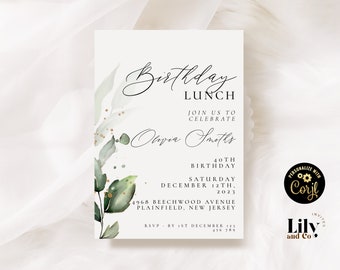 Editable Greenery Birthday Lunch Invitation  Green Leaves Gold Invite Template Printable Instant Download Corjl Gr23