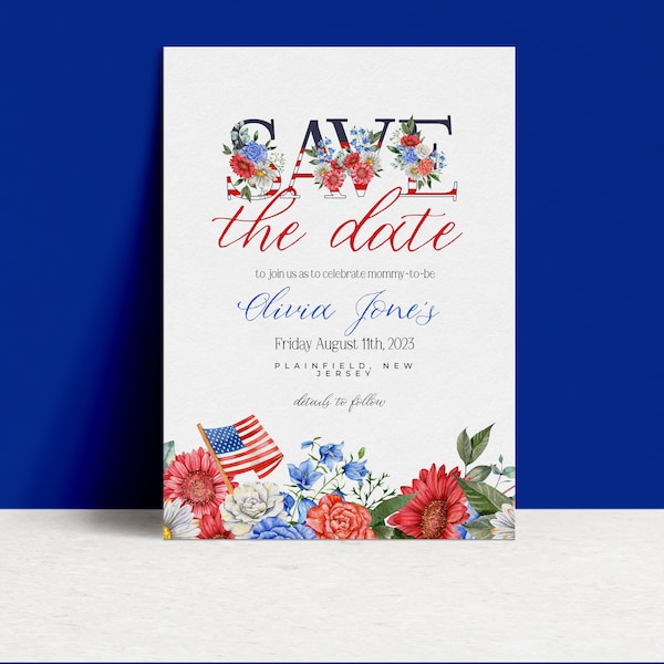 4th of July Baby Shower Save the Date  Red White Blue Invite Template Printable Instant Download Corjl JY104
