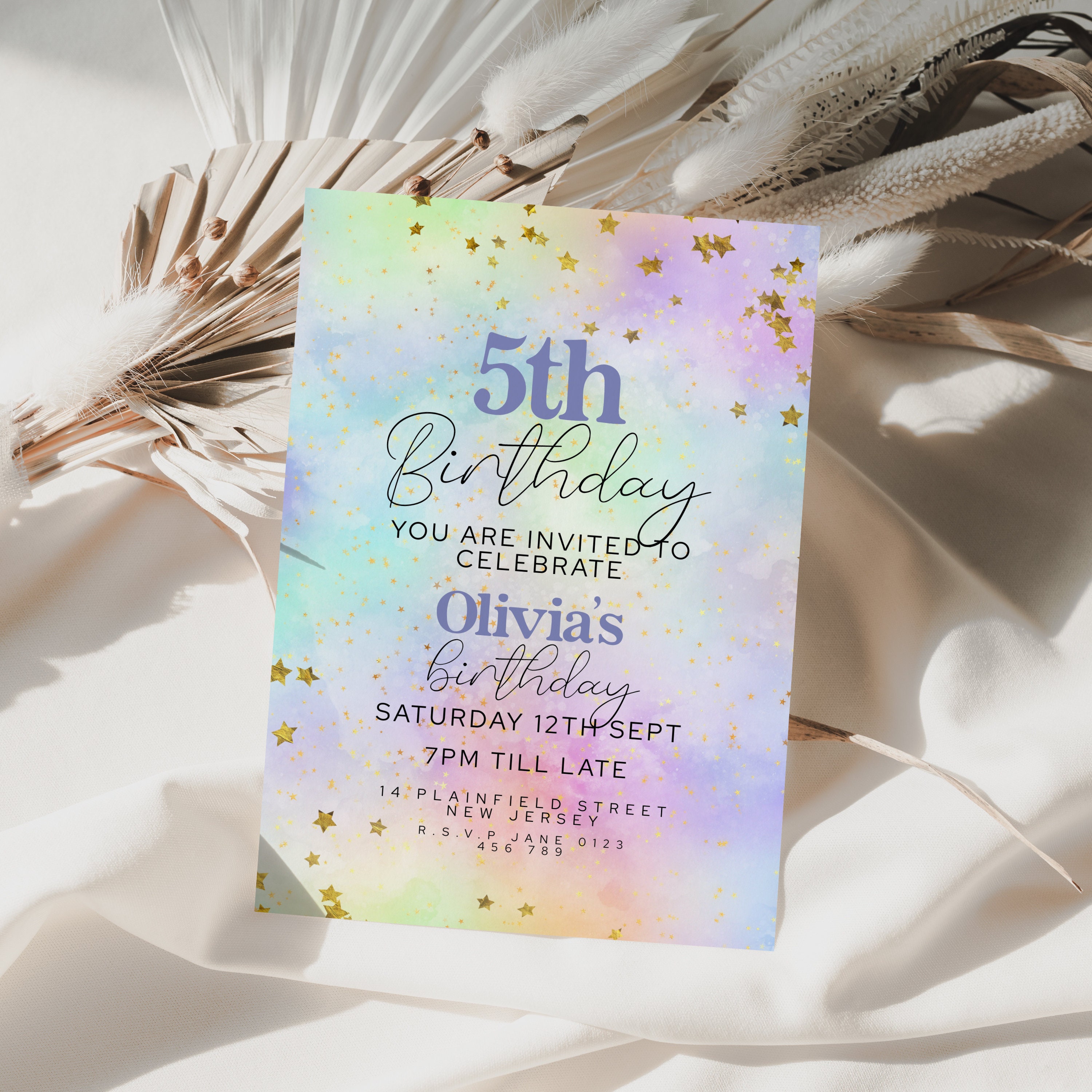 Editable 5th Birthday Invitation Watercolur Pastel Rainbow Printable ...