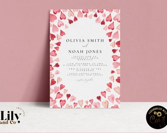 Heart Themed Wedding Invitation Red Pink Heart Wedding Invite Template Printable Print off Wedding invitations Instant Download Corjl HT04