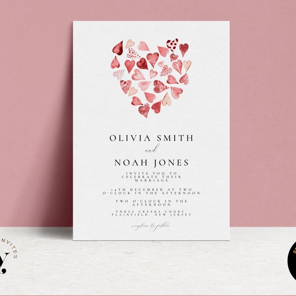 Hart thema bruiloft uitnodiging rood roze hart bruiloft uitnodigen sjabloon afdrukbare afdrukken huwelijksuitnodigingen Instant Download Corjl HT04