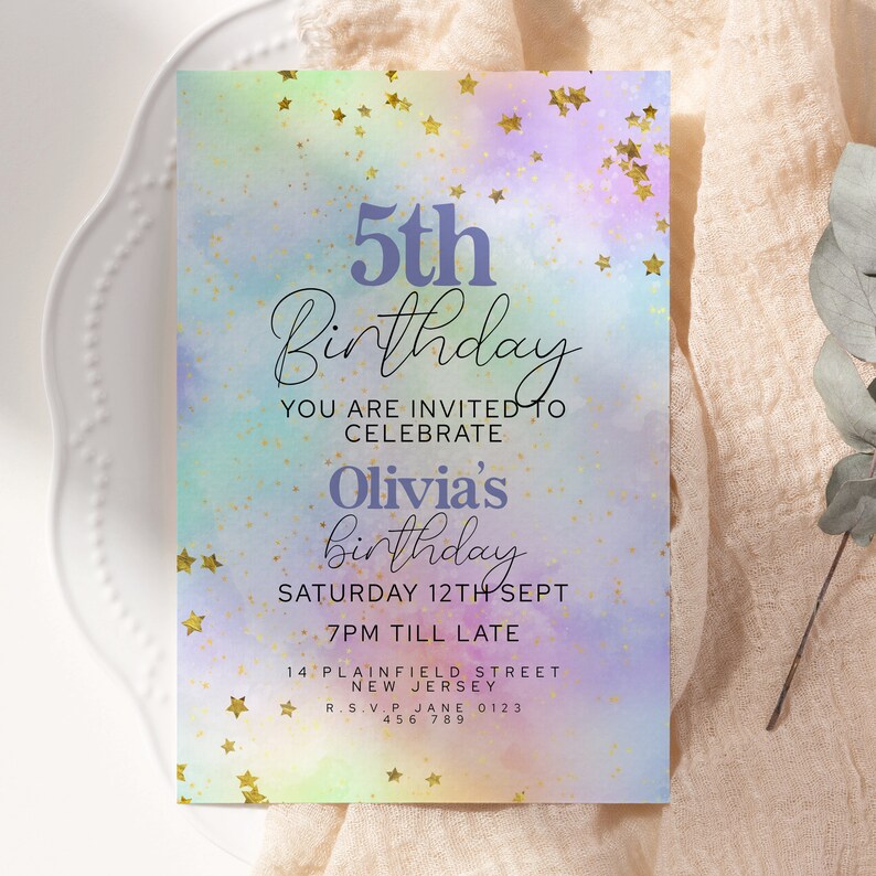 Editable 5th Birthday Invitation Watercolur Pastel Rainbow Printable ...
