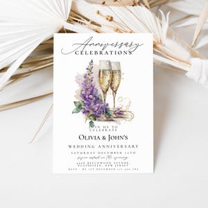 Hochzeitstag Einladungsvorlage, Elegante Blumen Champagner Einladen, Bearbeitbare druckbare Party Karte, digitaler Download, Lila Thema DP25