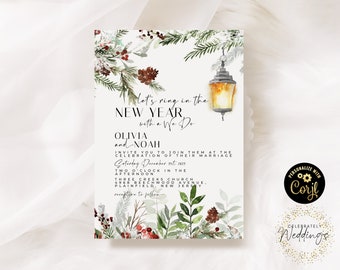 New Years Eve Wedding Invitation Electronic Template  Christmas Foliage New Year Printable Getting Married Instant Download Corjl