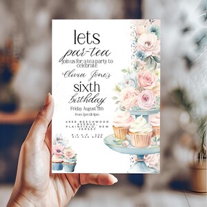 Convite de aniversário para festa do chá | Convite floral para chá de bebê de seis anos | Cartão pastel vintage editável | Convite de aniversário para meninas para impressão