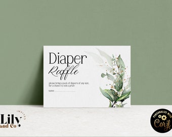 Diaper Raffle Card Greenery Baby Shower Gender Neutral Editable Gold Green Eucalyptus  Baby Shower Invitation GG04