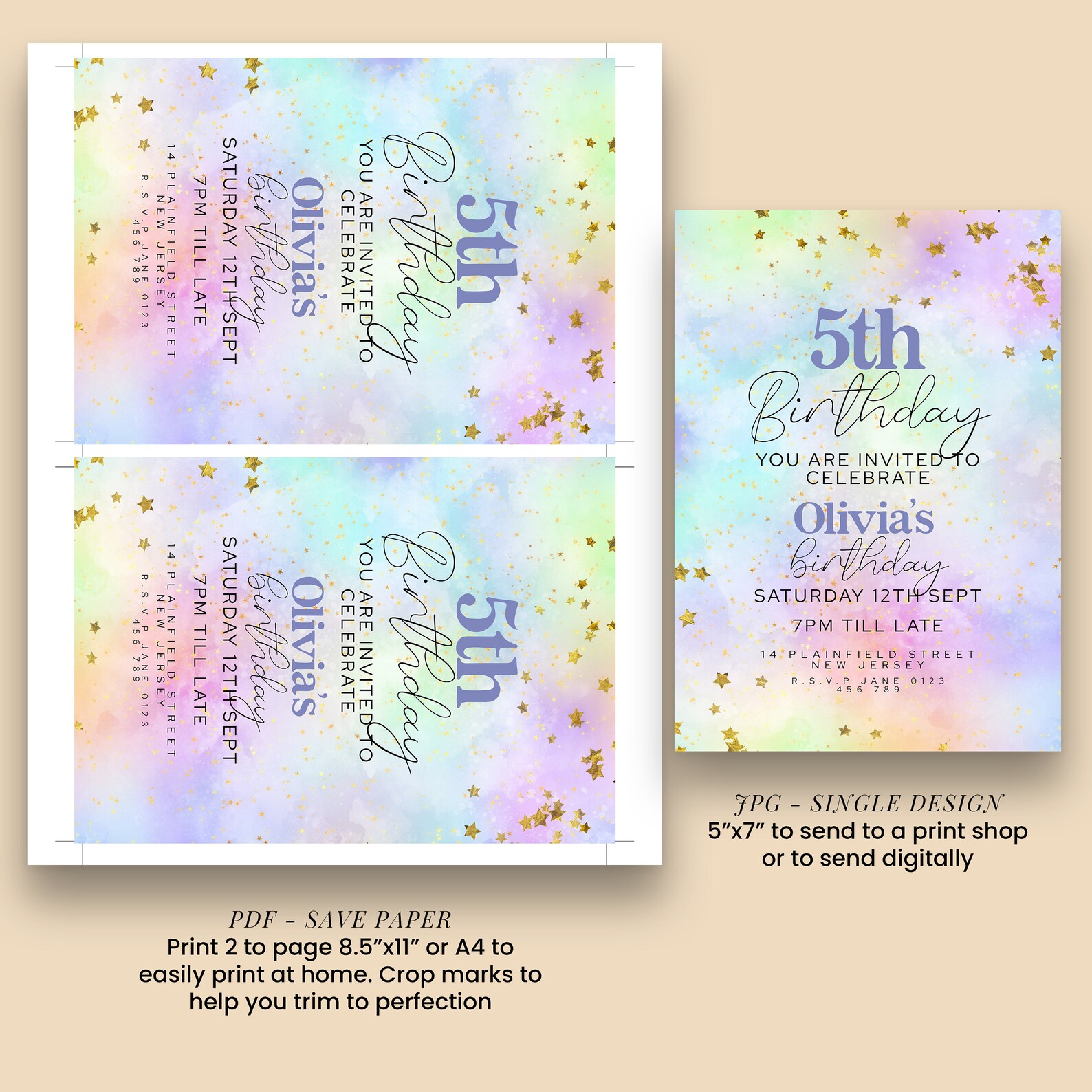 Editable 5th Birthday Invitation Watercolur Pastel Rainbow Printable ...