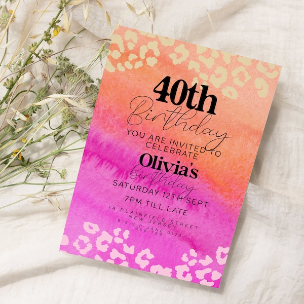 Hot Pink and Orange Invitation Editable Leopard Print Birthday Pink 40th Party Invitation Template Any Age or Occasion Instant Download