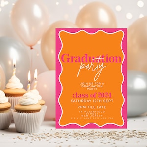 Retro Graduation Party Invite Modern Pink Orange School Leaving Party Invitations Retro Modern Editable Printable Invite Instant Download