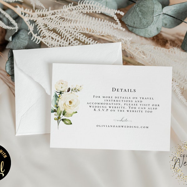 White Roses Wedding Details card Template Foliage Leaf Printable Minimalistic Invite Instant Download WH28