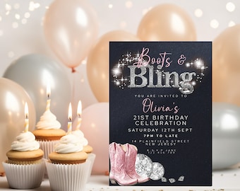 Boots and Bling Invitation Cowboy Boots Birthday Invite Glitter Ball Diamonds Editable Invite Printable Bridal Shower  Invite