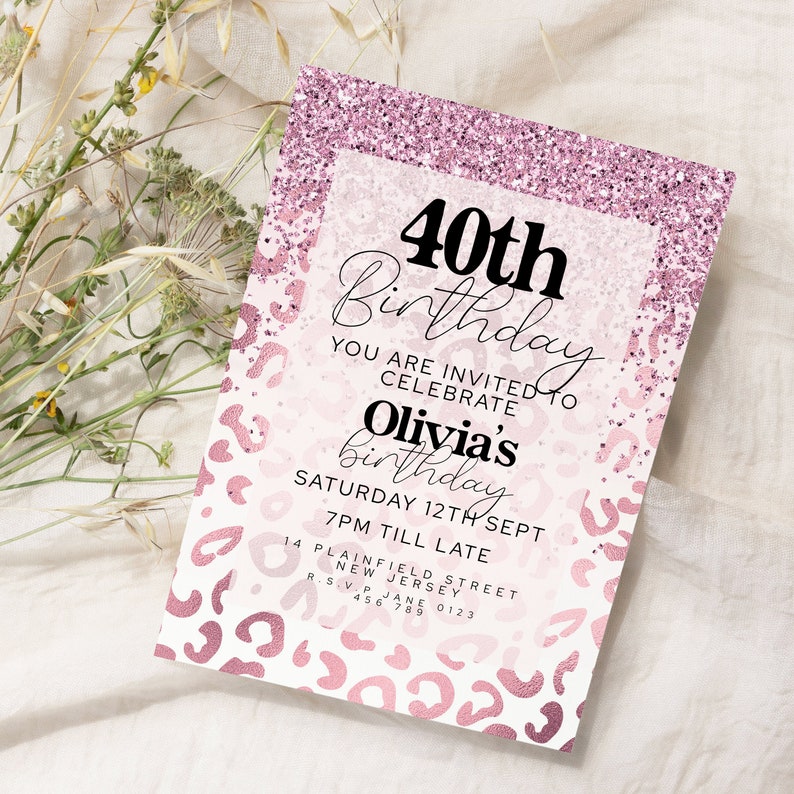 Editable Leopard Print Birthday Invitations Pink Glitter 40th Party