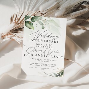 Wedding Anniversary Invitation  Greenery Gold Invite 30th 40th 50th 60th Anniversary Editable for any year Printable Download Invite GR23