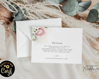 Pink Rose Wedding Details card Template Green Foliage Leaf Printable Invite Instant Download PK22