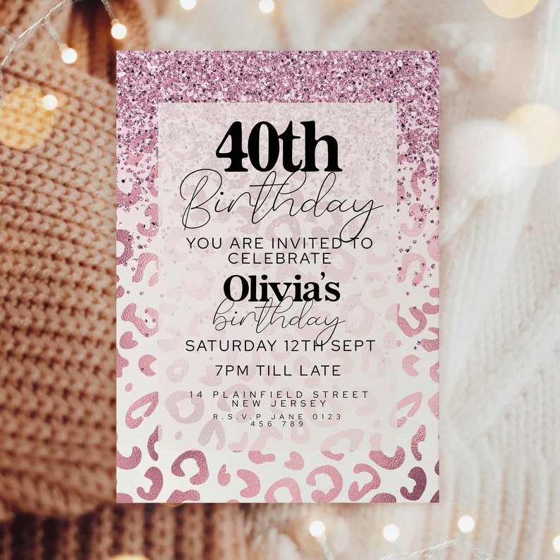 Editable Leopard Print Birthday Invitations Pink Glitter 40th Party
