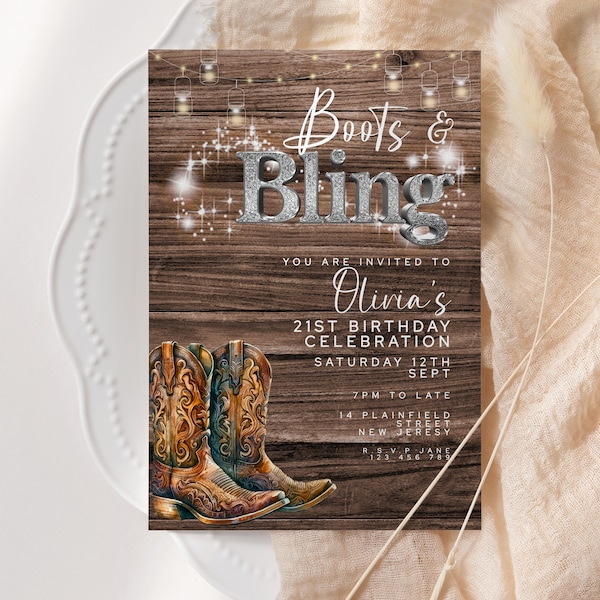 Editable Rustic Cowgirl Birthday Invitation, Printable Brown Boots Bling Birthday Invitation, Fairy Lights Wood Instant Download RC78
