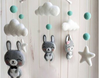 Bunny Mobile-Adorable lapin mobile -nuages mobile-fait à la main nuages bébé mobile