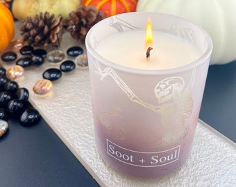 Scented Soy Candle Halloween / Choose Your Own Scent / Skeletons Dancing Glass Jar/ Fall Decor / Premium Candle / Gradient Purple Jar