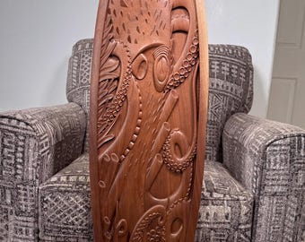 Wooden 4 FT Surfboard Wall Decor - Octopus Design , Hawaiian Nautical Art, Large Vertical Wall Carving
