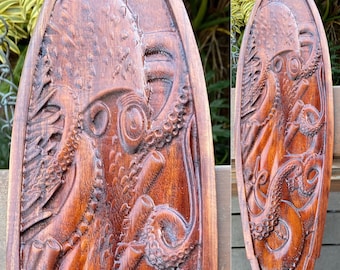 Wood Surfboard Carving “Alphapus” Vertical Octopus Wood Wall Decor , Large Hawaiian Wood Art , Set Large Wood Carvings , Home Wall Decor