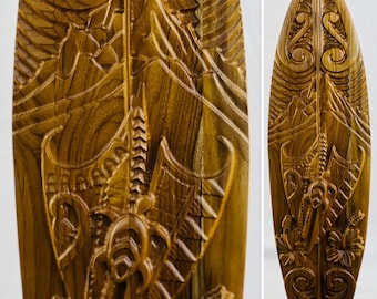 2' Long Wood Surfboard Carving “Voyager Canoe" , Hibiscus Flower Decor , Hawaiian Traditional Wall Art , Beach House Home Decor Gift