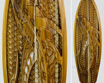 Wood Surfboard Carving “Polynesian Tiger Shark" Mako Shark Wall Decor , Wall Decor Gift , Home Wall Art , Hawaiian Wood Carvings , Sea Life