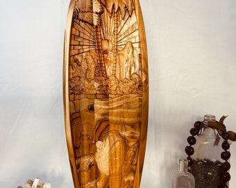 Teak Wood Surfboard Wall Hanging – Sea Turtle Sunset Coastal Decor