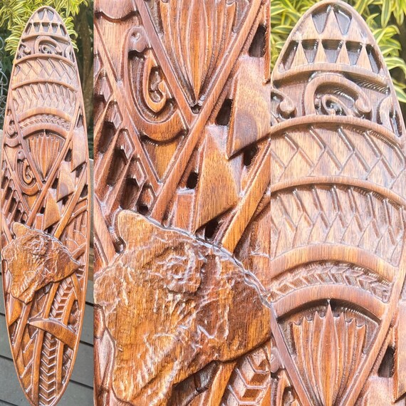 Hawaiian wall decor Koa wood carving Island Ohana surfboard | Etsy
