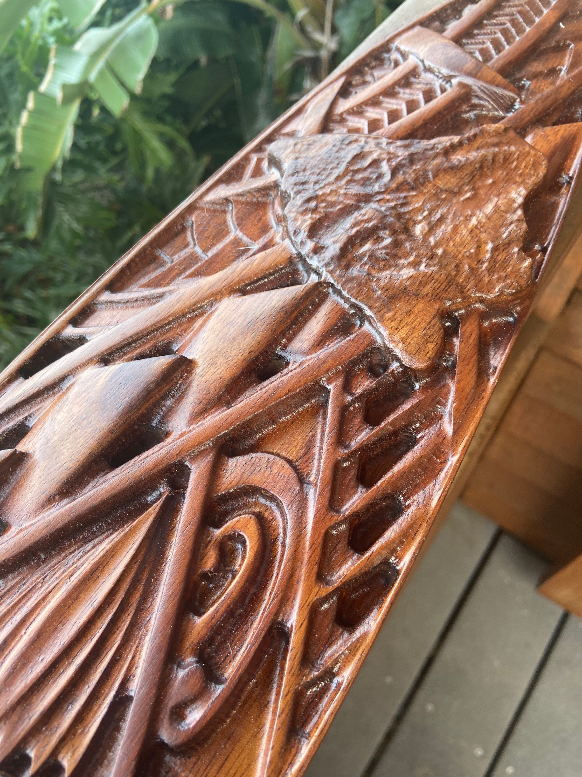 Hawaiian wall decor Koa wood carving Island Ohana surfboard | Etsy