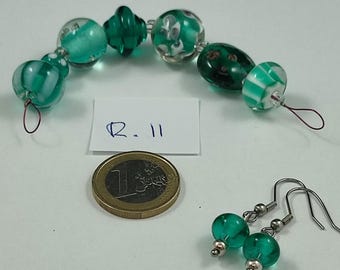 7 handmade glassbeads in turquoise/green with  some white and matching earrings by Petra Hergarden , lovely for Moederdag
